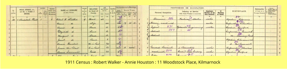 1911 Census : Robert Walker - Annie Houston : 11 Woodstock Place, Kilmarnock