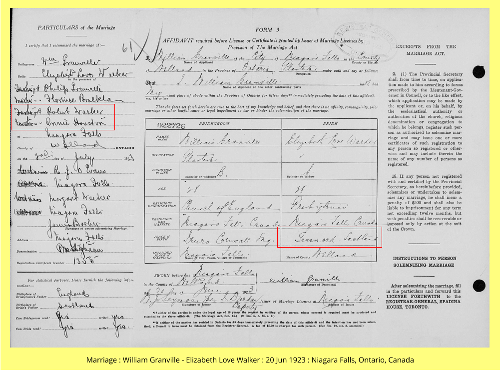 Marriage : William Granville - Elizabeth Love Walker : 20 Jun 1923 : Niagara Falls, Ontario, Canada
