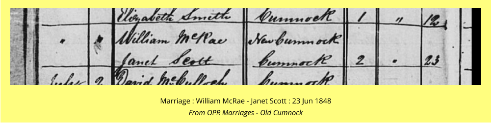Marriage : William McRae - Janet Scott : 23 Jun 1848 From OPR Marriages - Old Cumnock