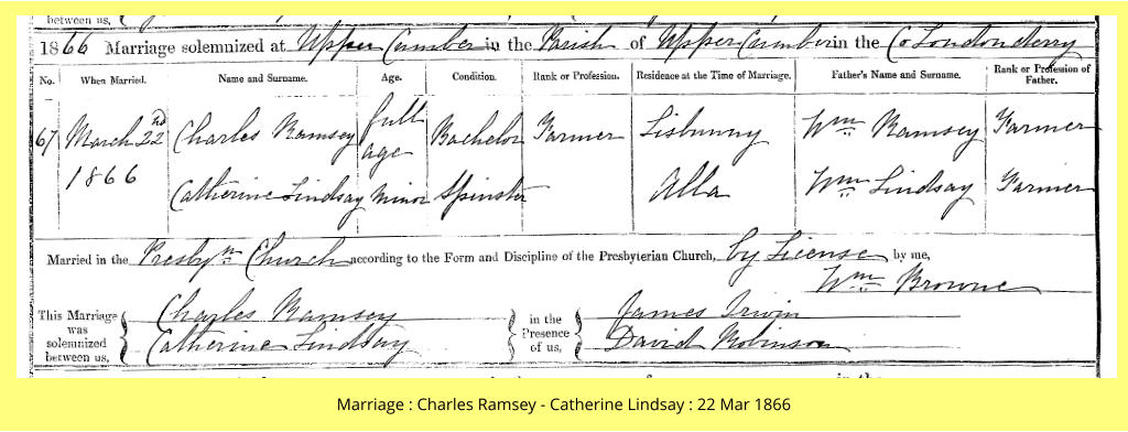 Marriage : Charles Ramsey - Catherine Lindsay : 22 Mar 1866