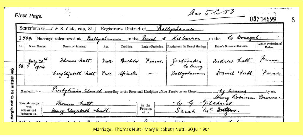 Marriage : Thomas Nutt - Mary Elizabeth Nutt : 20 Jul 1904