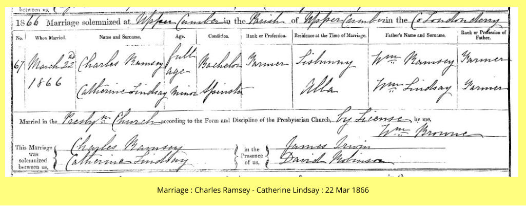 Marriage : Charles Ramsey - Catherine Lindsay : 22 Mar 1866