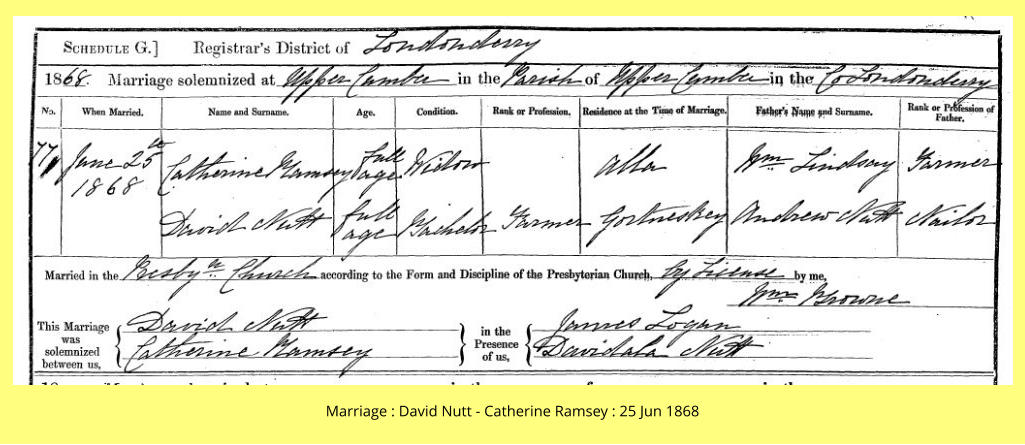 Marriage : David Nutt - Catherine Ramsey : 25 Jun 1868
