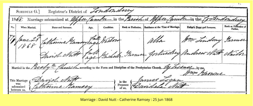 Marriage : David Nutt - Catherine Ramsey : 25 Jun 1868