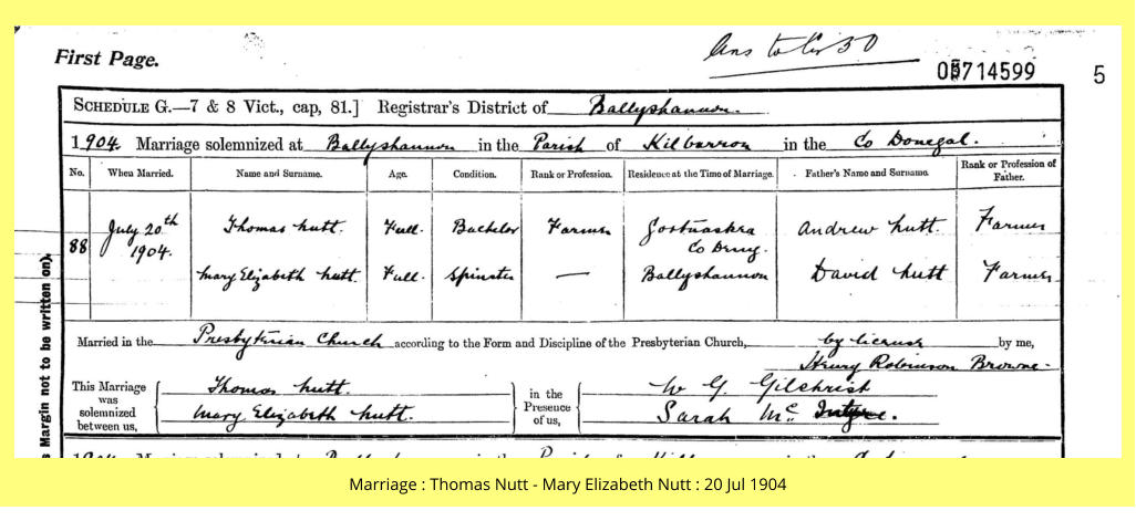 Marriage : Thomas Nutt - Mary Elizabeth Nutt : 20 Jul 1904