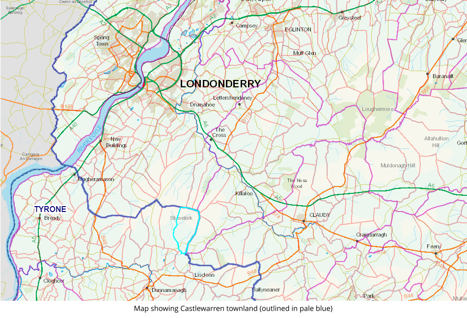 Map showing Castlewarren townland (outlined in pale blue)