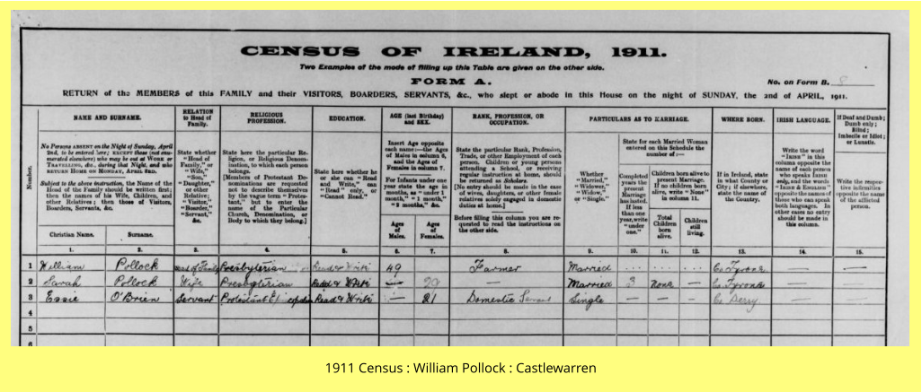 1911 Census : William Pollock : Castlewarren