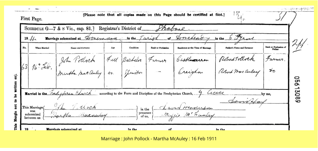 Marriage : John Pollock - Martha McAuley : 16 Feb 1911