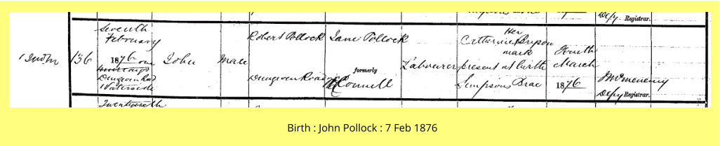 Birth : John Pollock : 7 Feb 1876