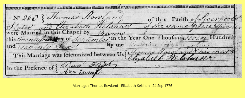 Marriage : Thomas Rowland - Elizabeth Kelshan : 24 Sep 1776
