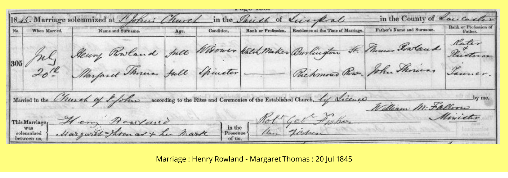 Marriage : Henry Rowland - Margaret Thomas : 20 Jul 1845