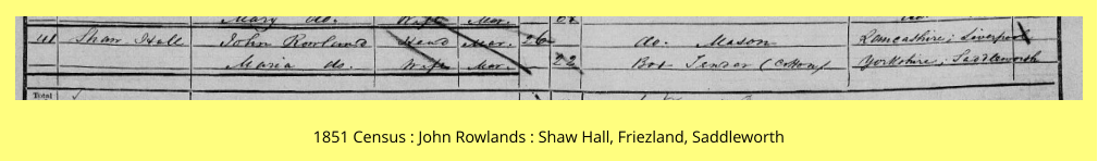 1851 Census : John Rowlands : Shaw Hall, Friezland, Saddleworth