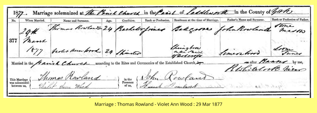 Marriage : Thomas Rowland - Violet Ann Wood : 29 Mar 1877