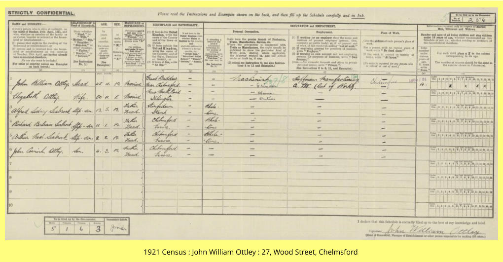 1921 Census : John William Ottley : 27, Wood Street, Chelmsford
