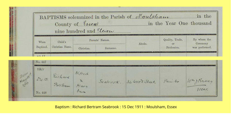 Baptism : Richard Bertram Seabrook : 15 Dec 1911 : Moulsham, Essex