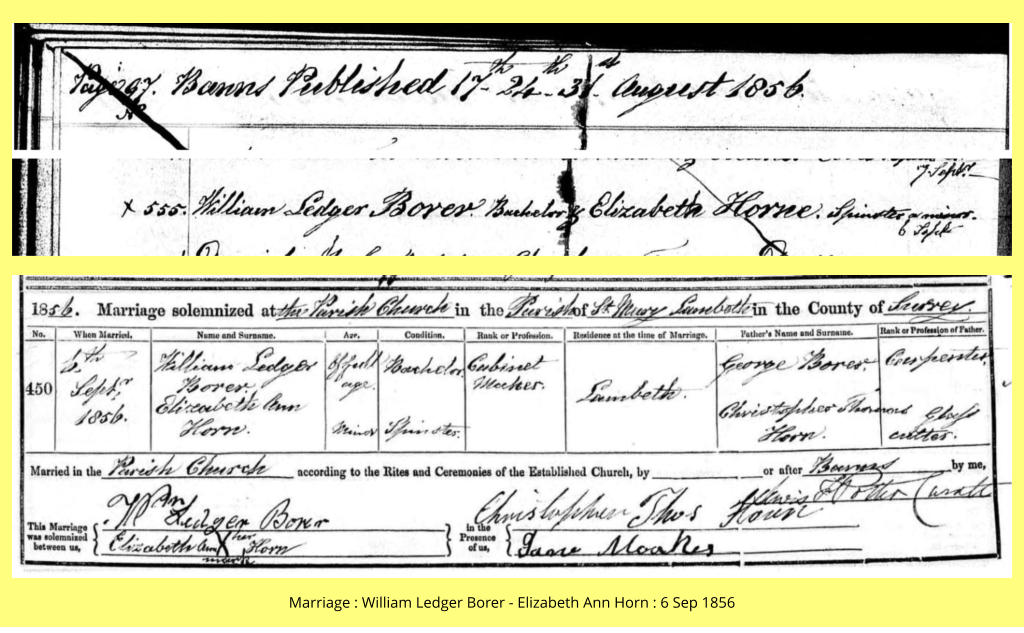 Marriage : William Ledger Borer - Elizabeth Ann Horn : 6 Sep 1856