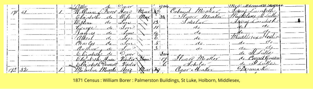 1871 Census : William Borer : Palmerston Buildings, St Luke, Holborn, Middlesex,
