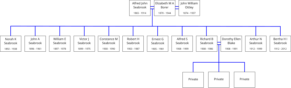 Private      Private      Private     Norah K Seabrook  1892 - 1938     John A Seabrook  1896 - 1961   William E Seabrook  1897 - 1978   Victor J Seabrook  1899 - 1975   Constance M Seabrook  1900 - 1990   Robert H Seabrook  1903 - 1987   Ernest G Seabrook  1905 - 1981  Alfred S Seabrook  1908 - 1999  Arthur N Seabrook  1912 - 1999   Bertha H I Seabrook  1912 - 2012   Richard B Seabrook  1908 - 1986       Dorothy Ellen Blake  1908 - 1991      Elizabeth M A Borer  1870 - 1944     John William Ottley  1874 - 1937      Alfred John Seabrook  1865 - 1914