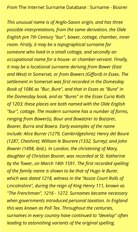 From The Internet Surname Database : Surname - Boorer  This unusual name is of Anglo-Saxon origin, and has three possible interpretations, from the same derivation, the Olde English pre 7th Century "bur", bower, cottage, chamber, inner room. Firstly, it may be a topographical surname for someone who lived in a small cottage, and secondly an occupational name for a house- or chamber-servant. Finally, it may be a locational surname deriving from Bower (East and West) in Somerset, or from Bowers (Gifford) in Essex. The settlement in Somerset was first recorded in the Domesday Book of 1086 as "Bur, Bure", and that in Essex as "Bura" in the Domesday book, and as "Bures" in the Essex Curia Rolls of 1203; these places are both named with the Olde English "bur", cottage. The modern surname has a number of forms, ranging from Bower(s), Bour and Bow(e)rer to Bo(o)rer, Boarer, Burra and Bowra. Early examples of the name include: Alice Burrer (1279, Cambridgeshire); Henry del Boure (1287, Cheshire); William le Bourere (1332, Surrey); and John Bowrer (1498, ibid.). In London, the christening of Mary, daughter of Christian Boorer, was recorded at St. Katherine by the Tower, on March 14th 1591. The first recorded spelling of the family name is shown to be that of Hugo le Burer, which was dated 1218, witness in the "Assize Court Rolls of Lincolnshire", during the reign of King Henry 111, known as "The Frenchman", 1216 - 1272. Surnames became necessary when governments introduced personal taxation. In England this was known as Poll Tax. Throughout the centuries, surnames in every country have continued to "develop" often leading to astonishing variants of the original spelling.