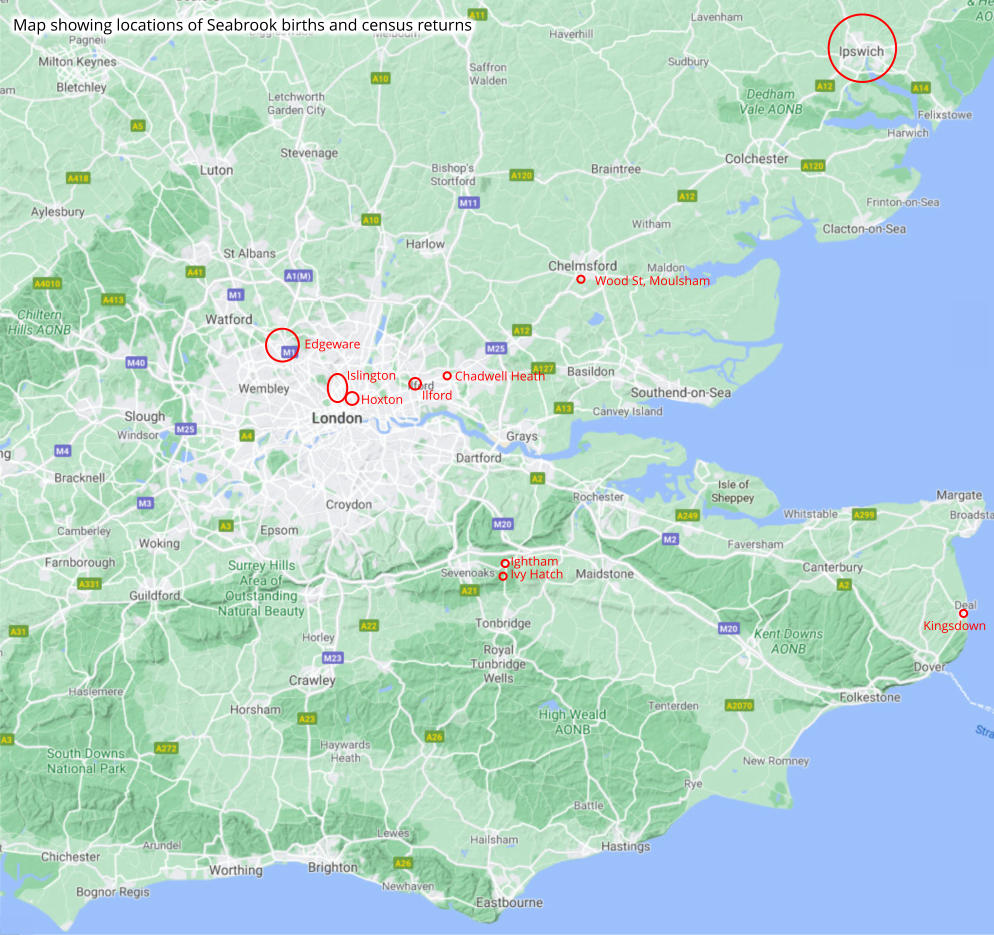 Islington Hoxton Chadwell Heath Ilford Ivy Hatch Ightham Wood St, Moulsham Edgeware Kingsdown Map showing locations of Seabrook births and census returns
