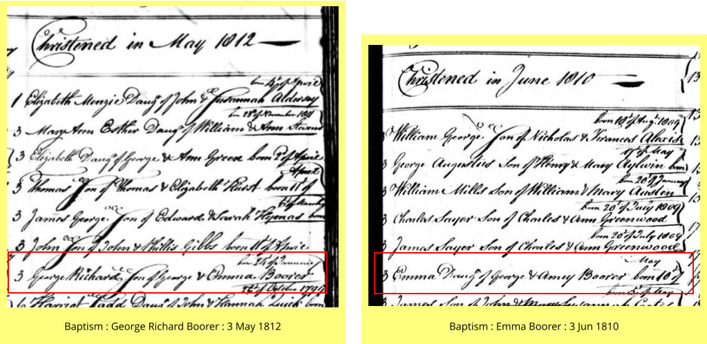 Baptism : George Richard Boorer : 3 May 1812 Baptism : Emma Boorer : 3 Jun 1810