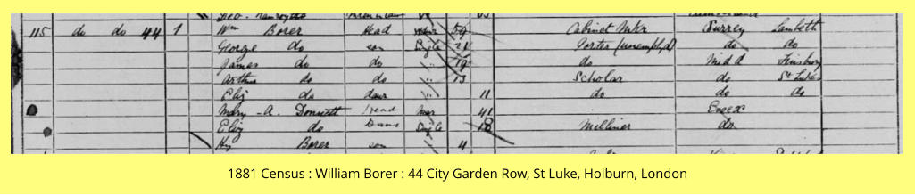 1881 Census : William Borer : 44 City Garden Row, St Luke, Holburn, London
