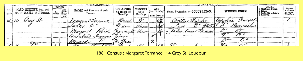 1881 Census : Margaret Torrance : 14 Grey St, Loudoun