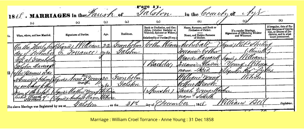 Marriage : William Croel Torrance - Anne Young : 31 Dec 1858