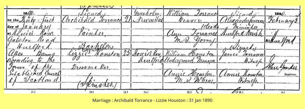 Marriage : Archibald Torrance - Lizzie Houston : 31 Jan 1890