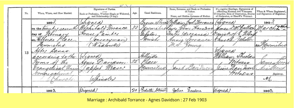 Marriage : Archibald Torrance - Agnes Davidson : 27 Feb 1903