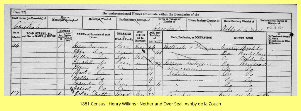 1881 Census : Henry Wilkins : Nether and Over Seal, Ashby de la Zouch