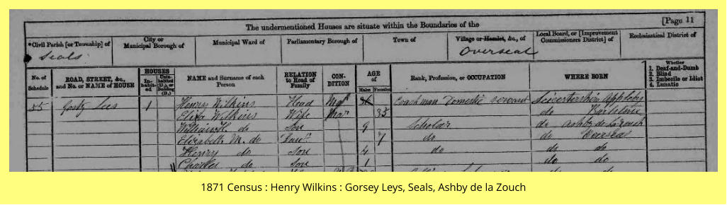 1871 Census : Henry Wilkins : Gorsey Leys, Seals, Ashby de la Zouch
