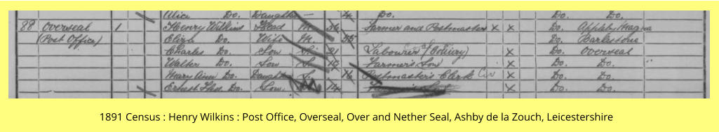 1891 Census : Henry Wilkins : Post Office, Overseal, Over and Nether Seal, Ashby de la Zouch, Leicestershire