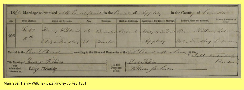 Marriage : Henry Wilkins - Eliza Findley : 5 Feb 1861