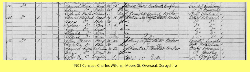 1901 Census : Charles Wilkins : Moore St, Overseal, Derbyshire