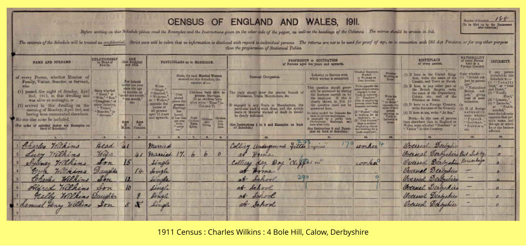 1911 Census : Charles Wilkins : 4 Bole Hill, Calow, Derbyshire
