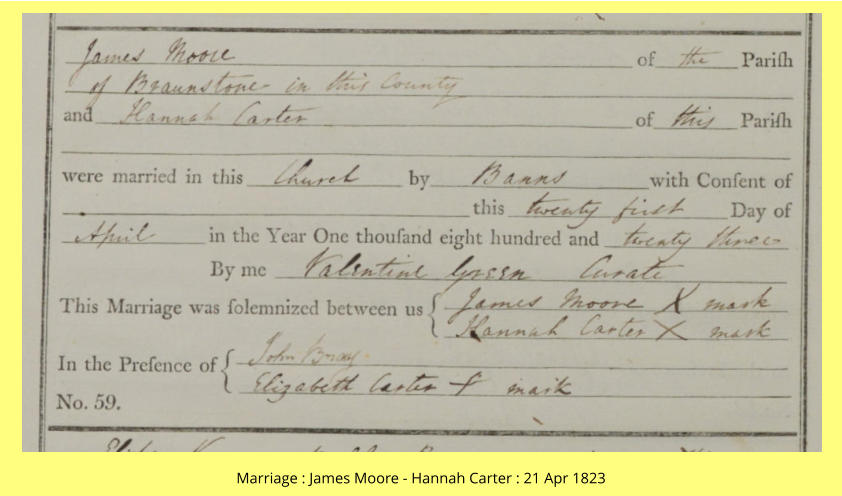 Marriage : James Moore - Hannah Carter : 21 Apr 1823