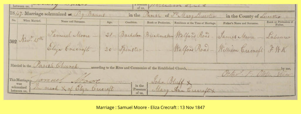 Marriage : Samuel Moore - Eliza Crecraft : 13 Nov 1847