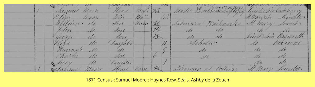 1871 Census : Samuel Moore : Haynes Row, Seals, Ashby de la Zouch