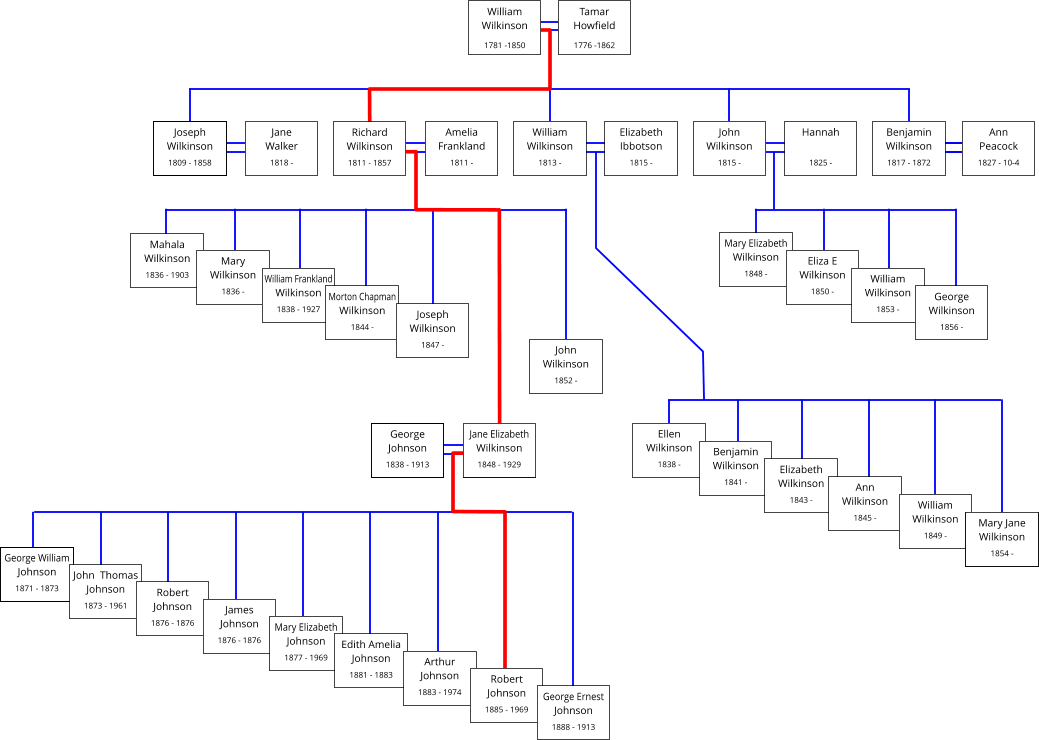 Tamar   Howfield  1776 -1862      Elizabeth Ibbotson  1815 -     William  Wilkinson  1813 -     John      Wilkinson  1815 -     Hannah   1825 -     Ann      Peacock  1827 - 10-4     Benjamin  Wilkinson  1817 - 1872    Joseph    Wilkinson  1809 - 1858    Jane        Walker  1818 -     Amelia Frankland  1811 -     Mahala Wilkinson  1836 - 1903           Mary  Wilkinson  1836 -    William Frankland   Wilkinson  1838 - 1927    Morton Chapman     Wilkinson  1844 -     Joseph   Wilkinson  1847 -     Mary Elizabeth Wilkinson  1848 -            Eliza E  Wilkinson  1850 -    William   Wilkinson  1853 -    George     Wilkinson  1856 -     Ellen  Wilkinson  1838 -           Benjamin  Wilkinson  1841 -    Elizabeth   Wilkinson  1843 -    Ann     Wilkinson  1845 -     William   Wilkinson  1849 -     Robert   Johnson  1885 - 1969    Mary Jane   Wilkinson  1854 -    William Wilkinson  1781 -1850      Richard  Wilkinson  1811 - 1857    Robert   Johnson  1885 - 1969    Jane Elizabeth   Wilkinson  1848 - 1929    John  Wilkinson  1852 -     George Johnson  1838 - 1913    George William    Johnson  1871 - 1873    John  Thomas Johnson  1873 - 1961     Robert  Johnson  1876 - 1876    James  Johnson  1876 - 1876     Mary Elizabeth   Johnson  1877 - 1969    Edith Amelia     Johnson  1881 - 1883     Arthur  Johnson  1883 - 1974    Robert   Johnson  1885 - 1969    George Ernest   Johnson  1888 - 1913