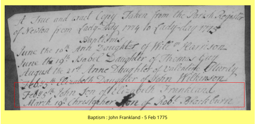 Baptism : John Frankland - 5 Feb 1775
