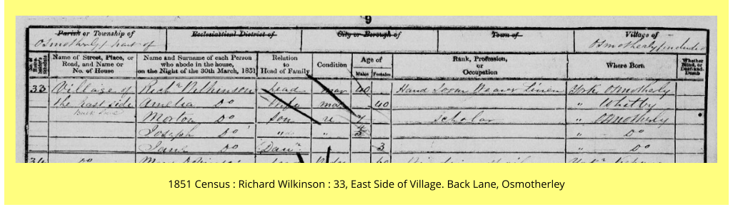 1851 Census : Richard Wilkinson : 33, East Side of Village. Back Lane, Osmotherley