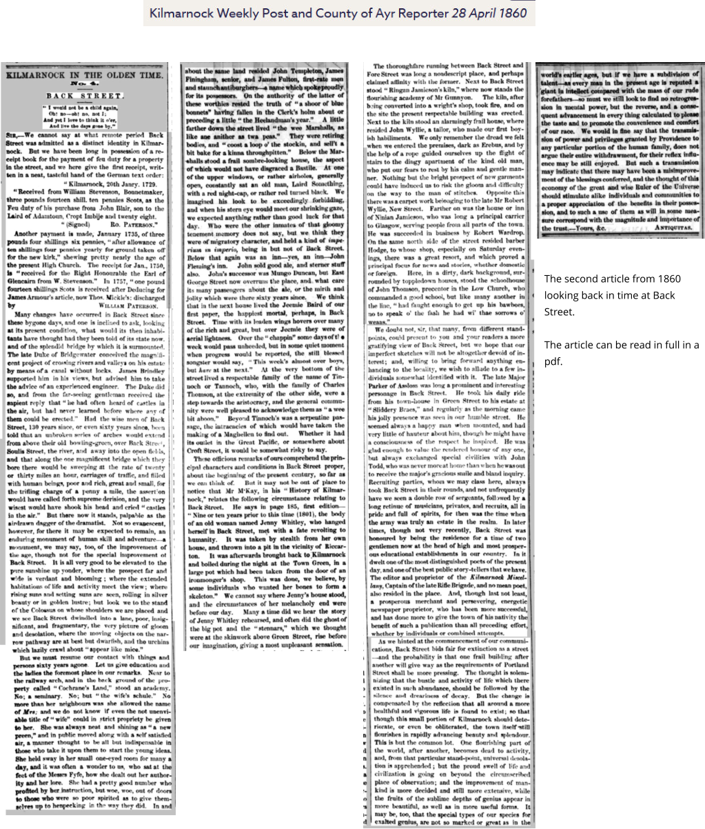 The second article from 1860 looking back in time at Back Street.  The article can be read in full in a pdf.